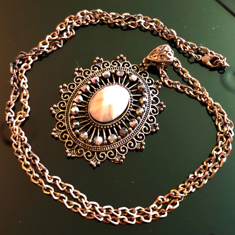 3/$32 Antique Gold Tone Filigree Oval Pendant/Crystal Stones Long Necklace 27"
